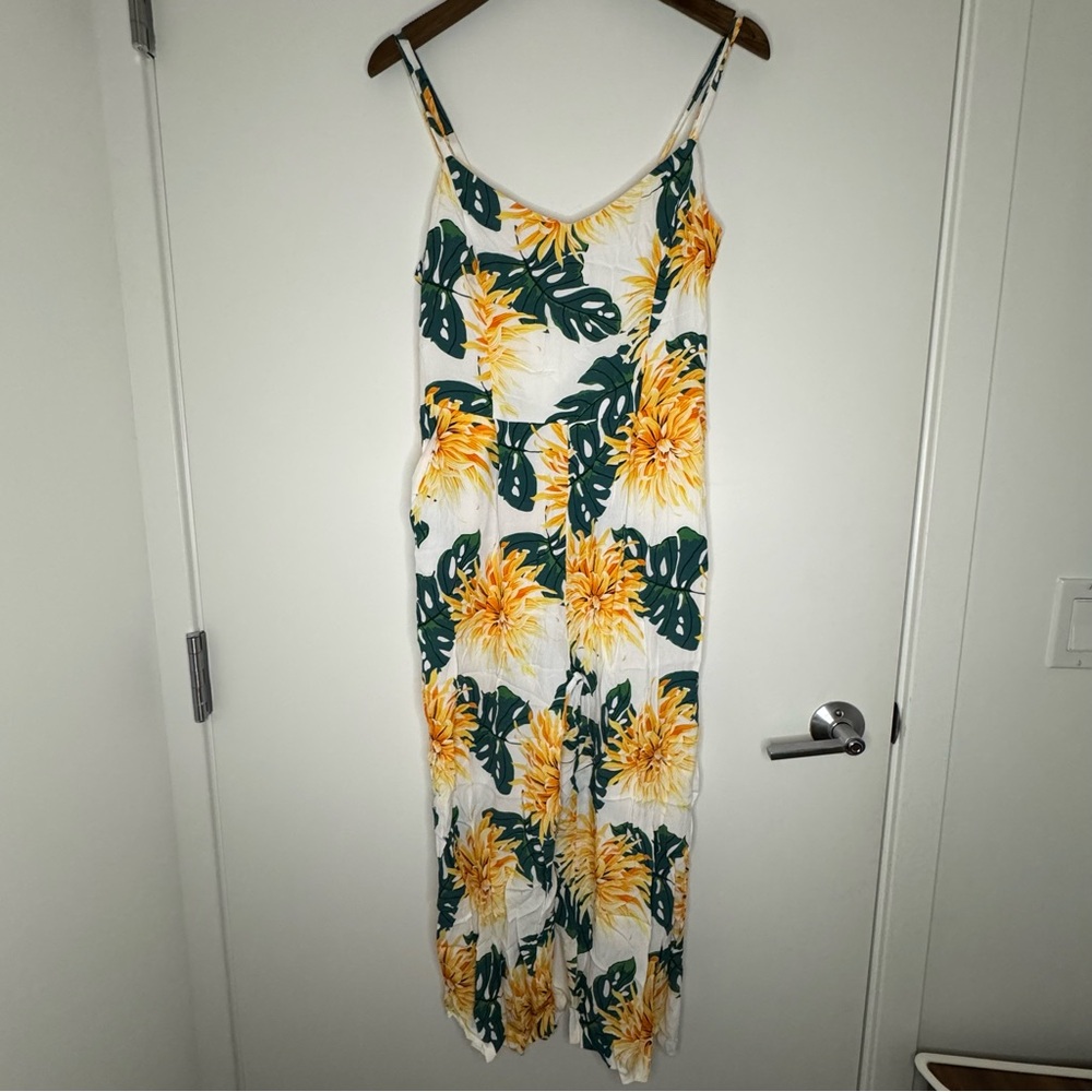 Medium Zara Yellow White Green Floral Tropical Vacation Jumpsuit with Pockets